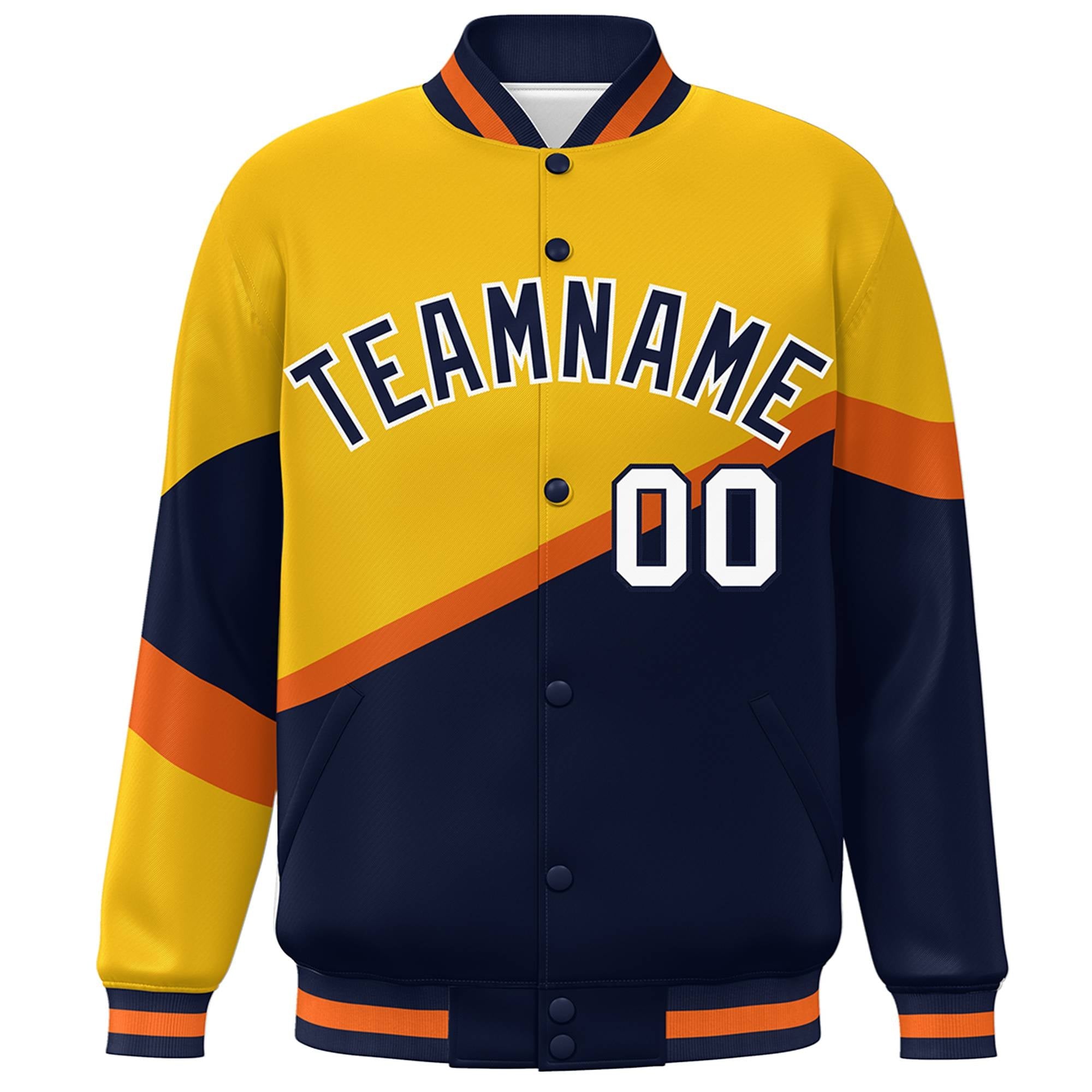 Custom Gold Navy-White Color Block Bomber Varsity Baseball Jacket