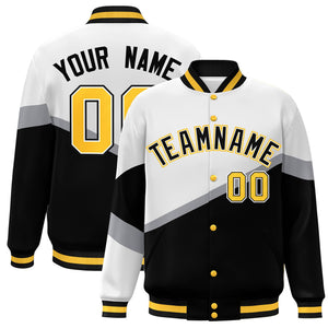 Custom White Black-White Color Block Bomber Varsity Baseball Jacket