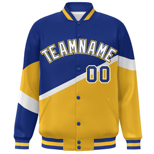 Custom Royal Gold White-Royal Color Block Bomber Varsity Baseball Jacket