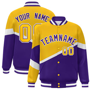 Custom Gold Purple-White Color Block Bomber Varsity Baseball Jacket