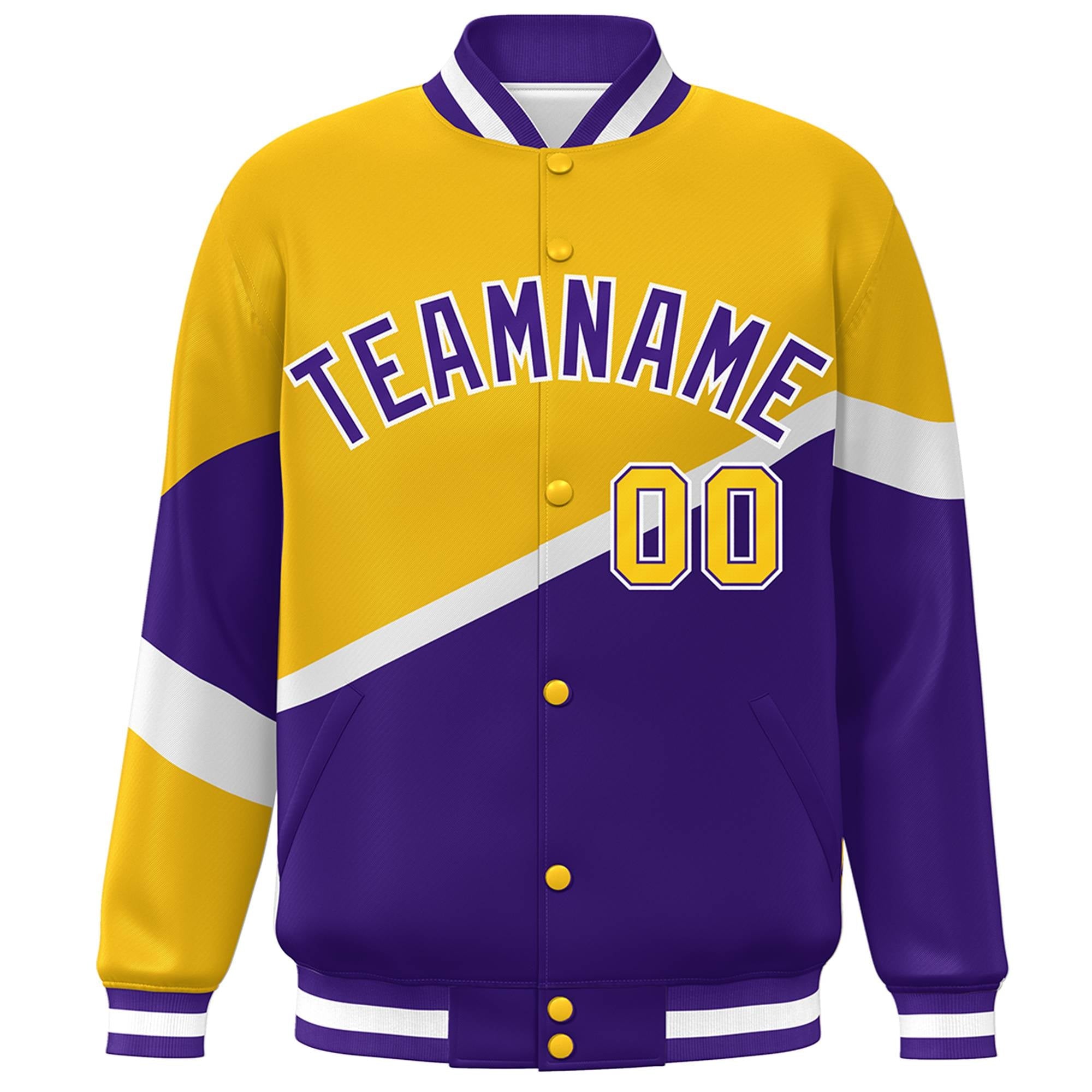 Custom Gold Purple-White Color Block Bomber Varsity Baseball Jacket