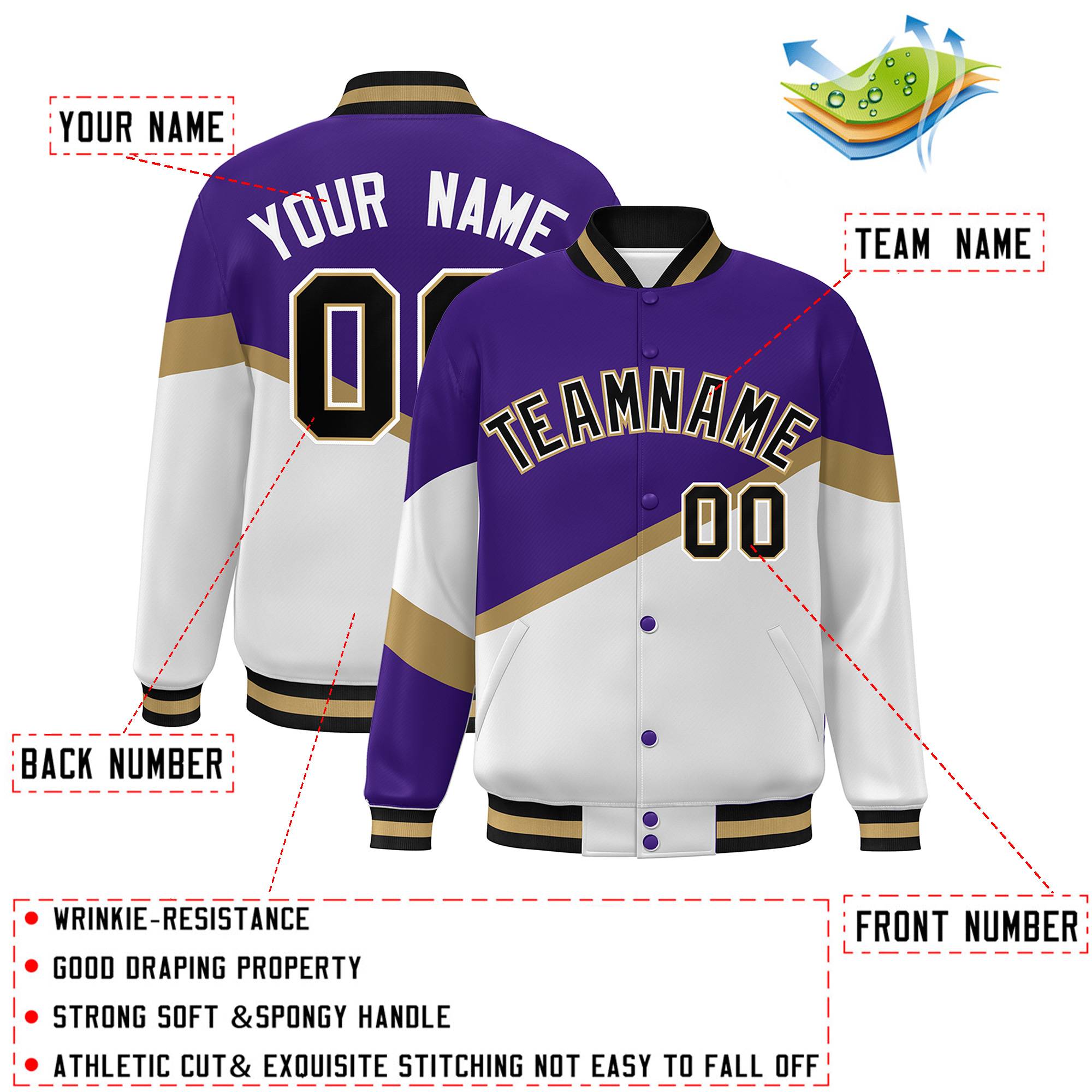 Custom Purple White Black-White Color Block Bomber Varsity Baseball Jacket