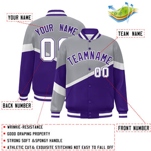 Custom Gray Purple-White Color Block Bomber Varsity Baseball Jacket