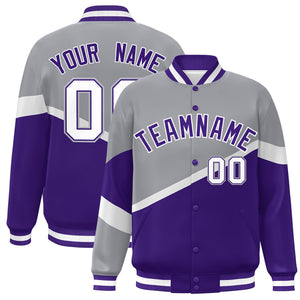 Custom Gray Purple-White Color Block Bomber Varsity Baseball Jacket