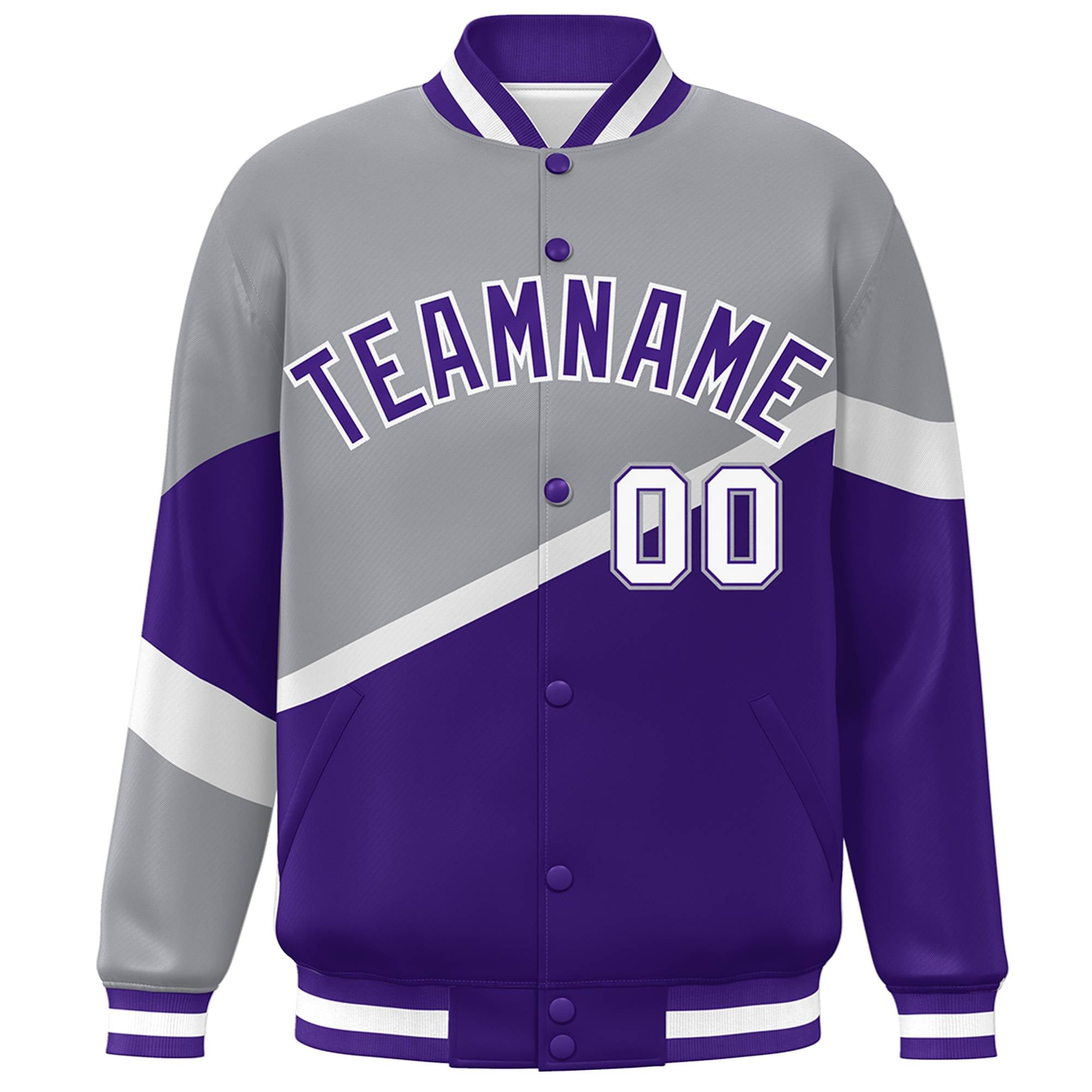 Custom Gray Purple-White Color Block Bomber Varsity Baseball Jacket