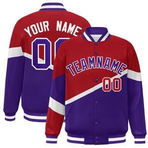 Custom Red Purple-White Color Block Bomber Varsity Baseball Jacket