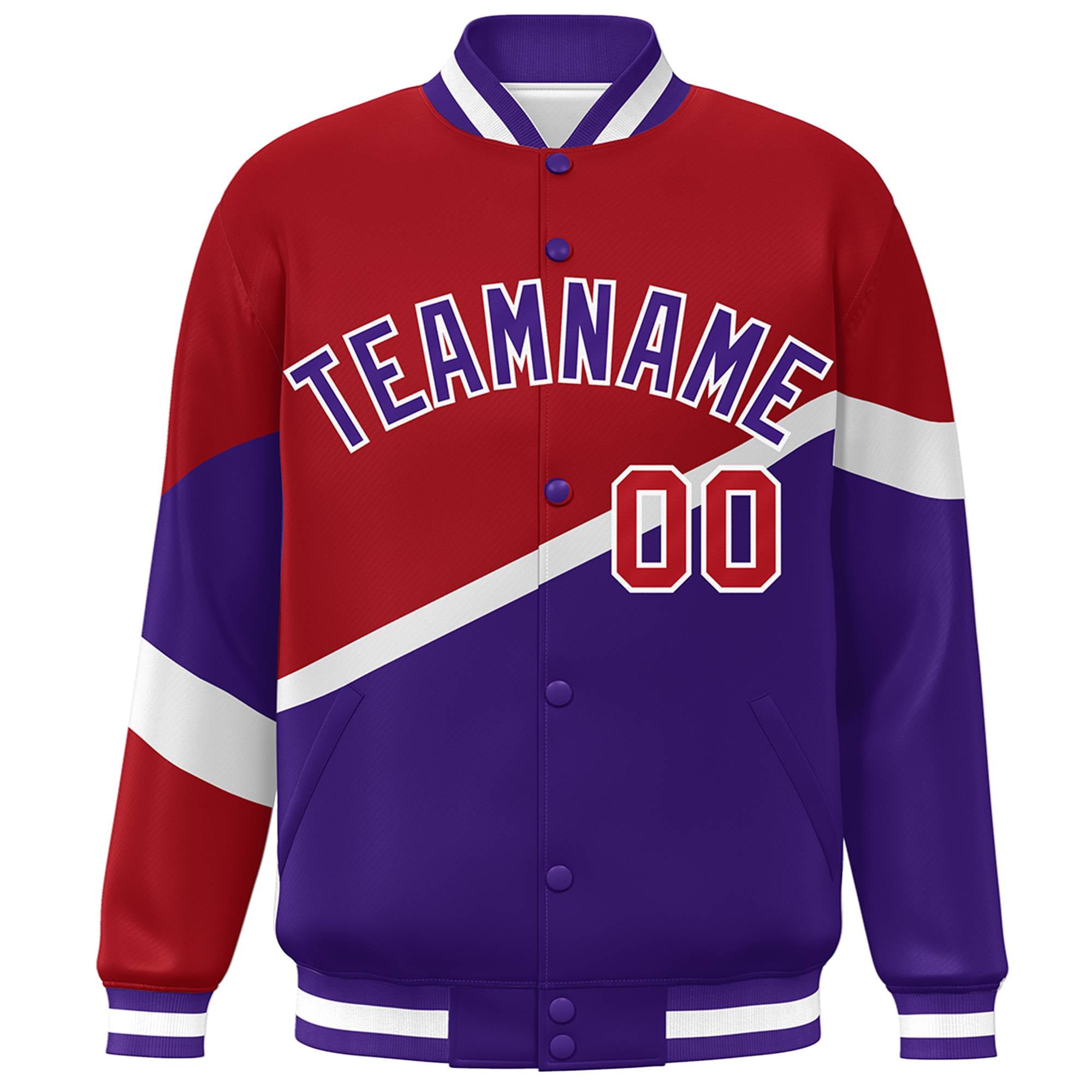 Custom Red Purple-White Color Block Bomber Varsity Baseball Jacket