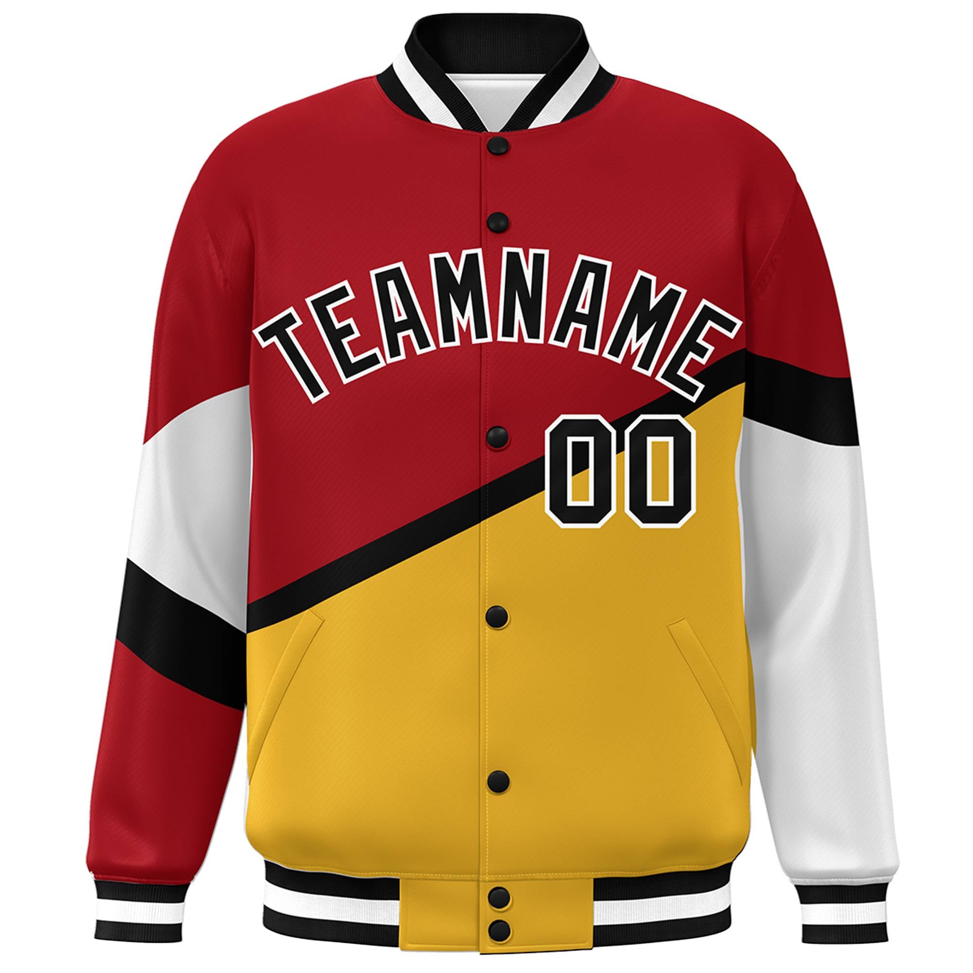 Custom Red Gold Black-White Color Block Bomber Varsity Baseball Jacket