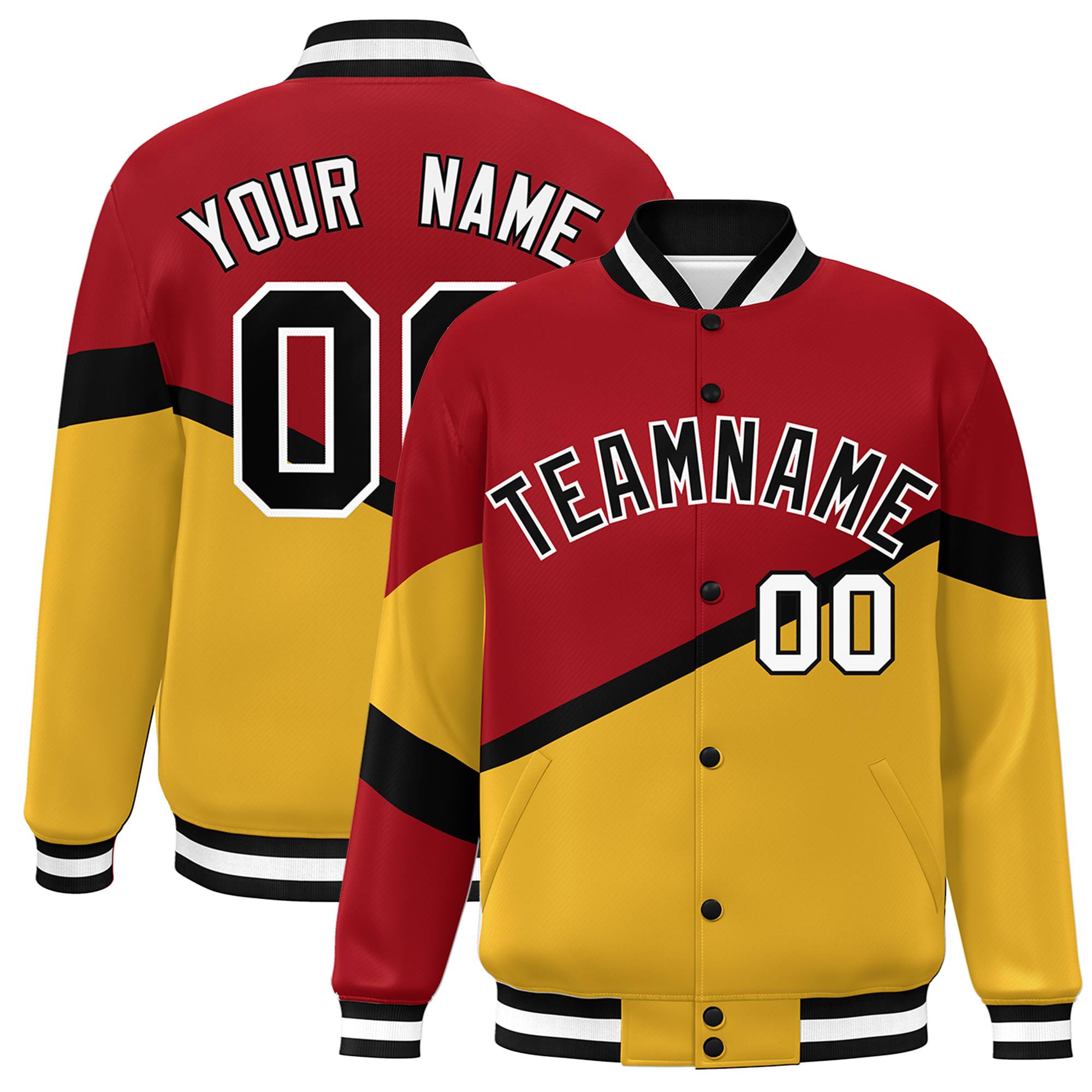 Custom Red Gold Black-White Color Block Bomber Varsity Baseball Jacket