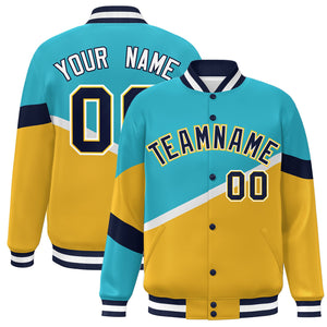 Custom Light Blue Gold Navy-White Color Block Bomber Varsity Baseball Jacket