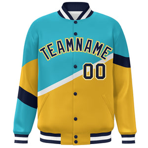 Custom Light Blue Gold Navy-White Color Block Bomber Varsity Baseball Jacket