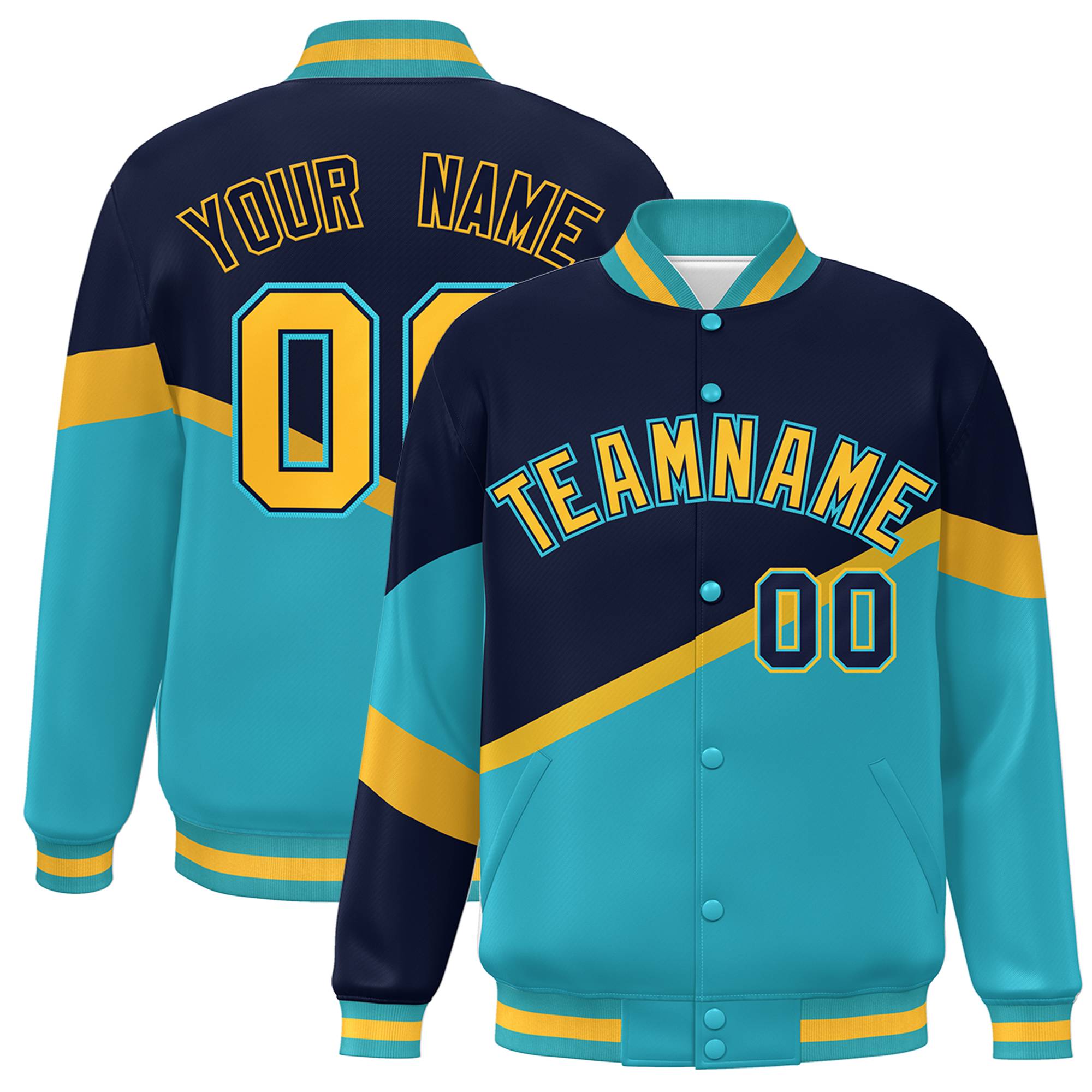 Custom Navy Light Blue Gold-Navy Color Block Bomber Varsity Baseball Jacket