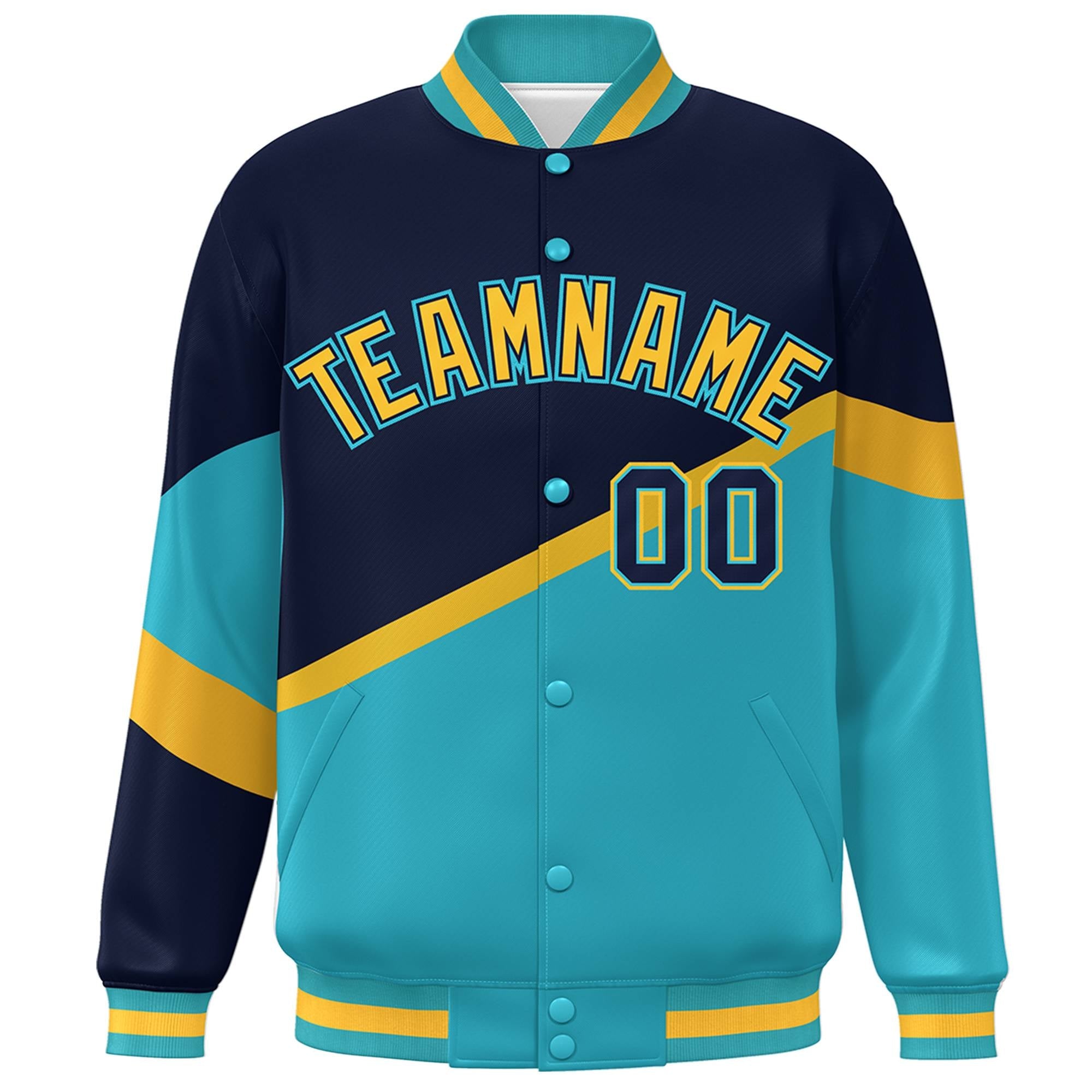 Custom Navy Light Blue Gold-Navy Color Block Bomber Varsity Baseball Jacket