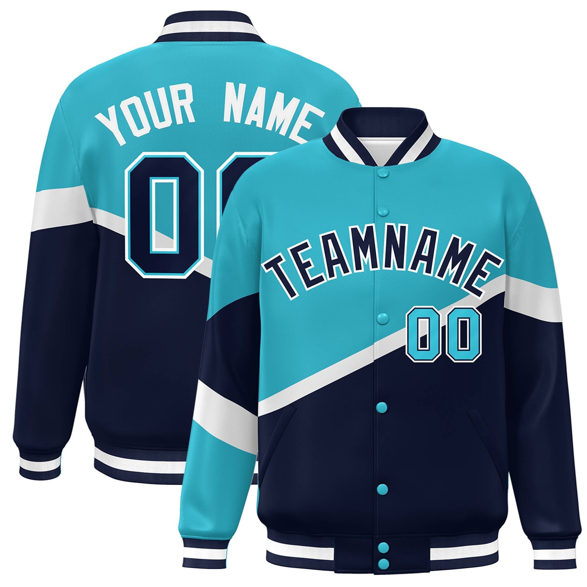 Custom Light Blue Navy-White Color Block Bomber Varsity Baseball Jacket