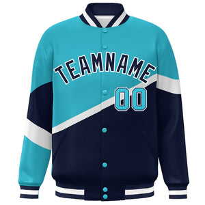 Custom Light Blue Navy-White Color Block Bomber Varsity Baseball Jacket