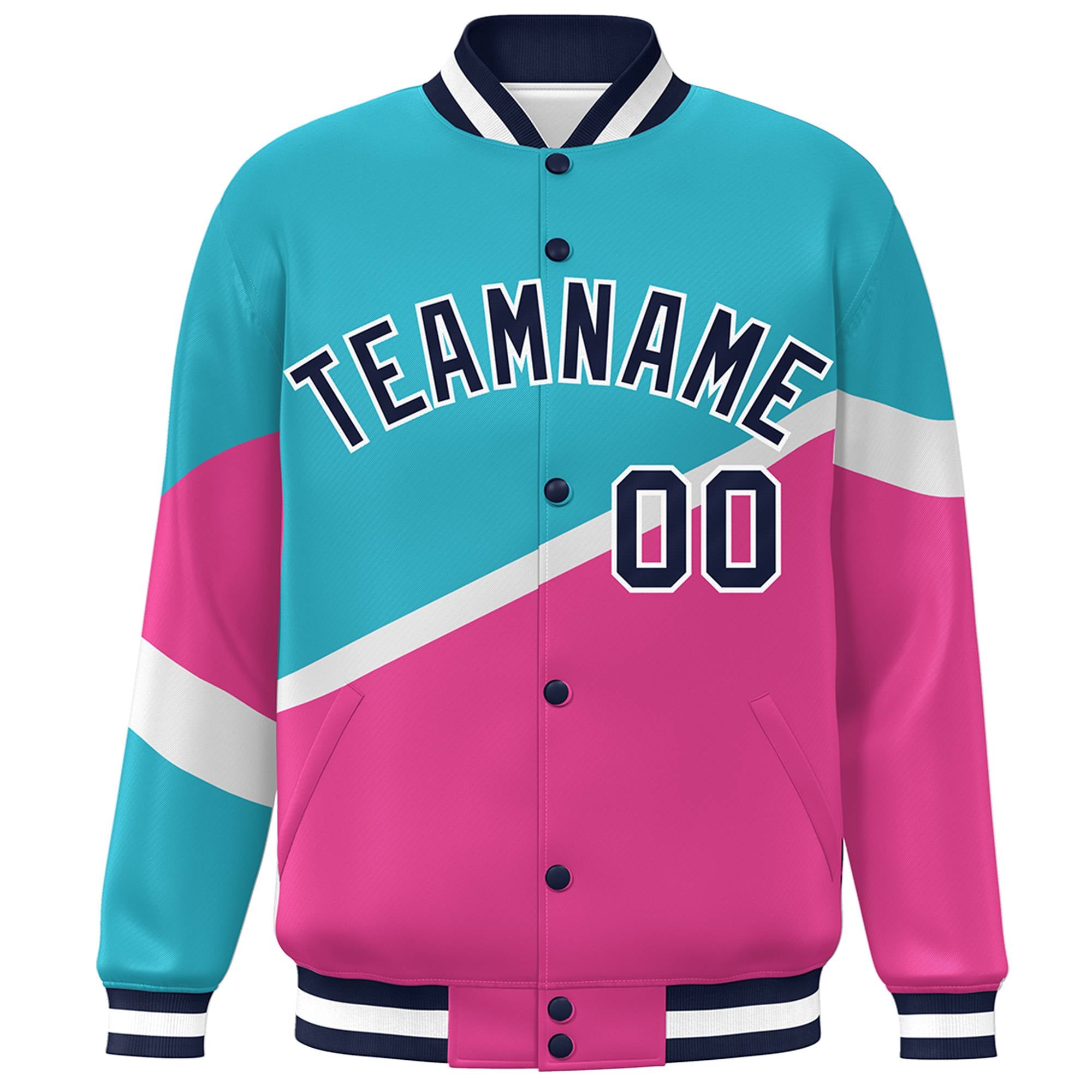 Custom Light Blue Pink Navy-White Color Block Bomber Varsity Baseball Jacket