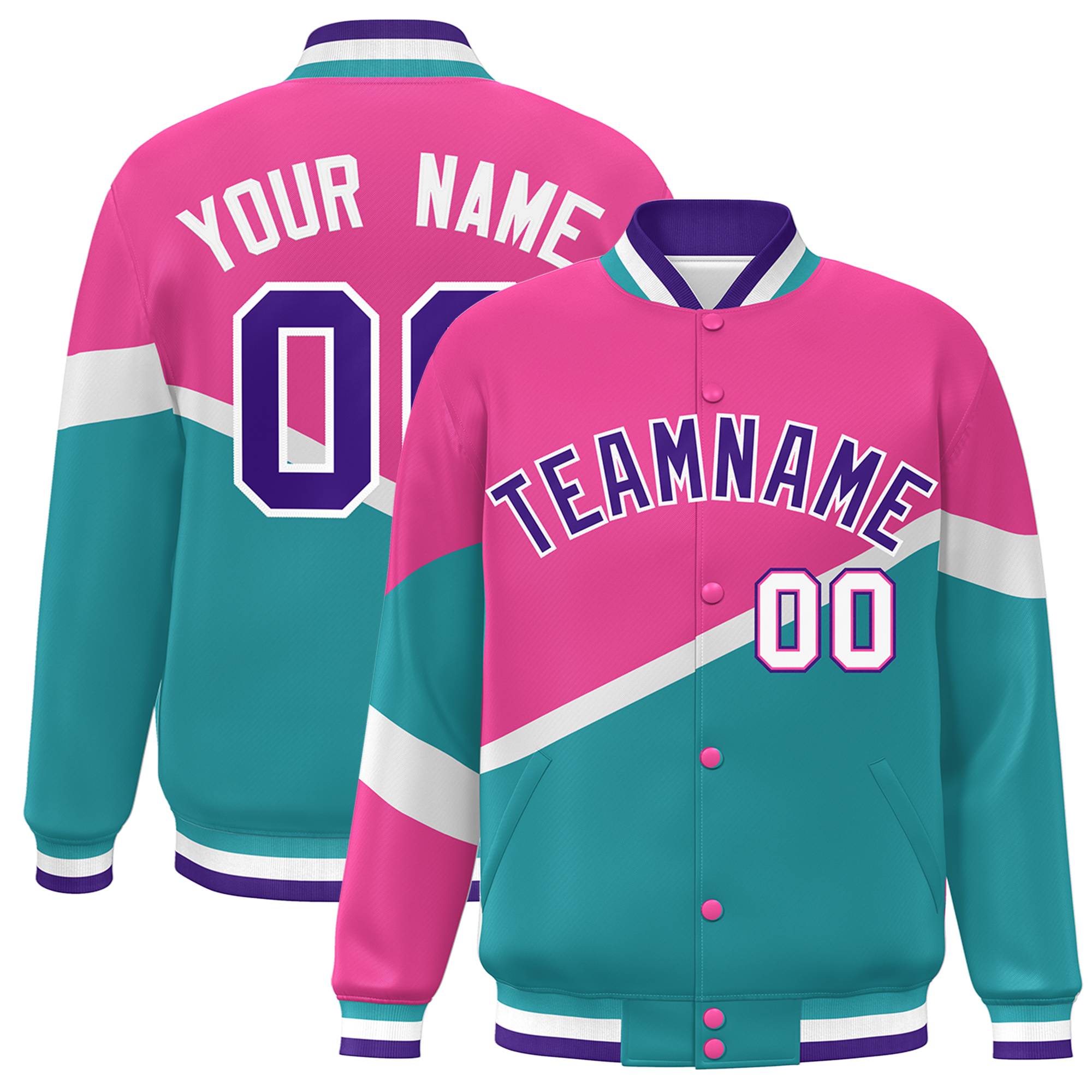 Custom Pink Aqua Purple-White Color Block Bomber Varsity Baseball Jacket