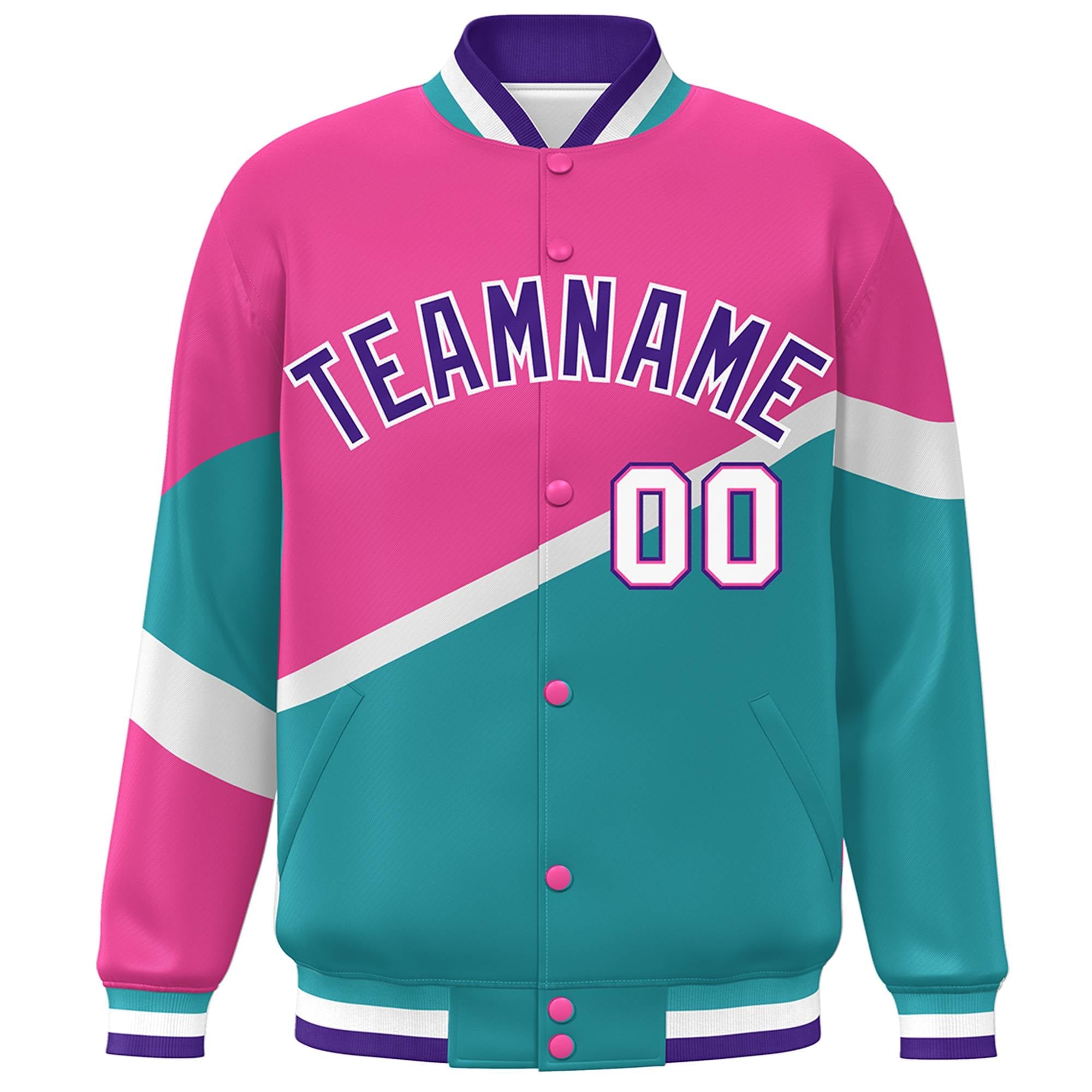 Custom Pink Aqua Purple-White Color Block Bomber Varsity Baseball Jacket