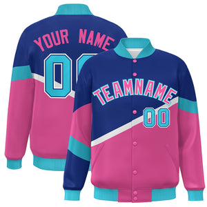 Custom Royal Pink-White Color Block Bomber Varsity Baseball Jacket