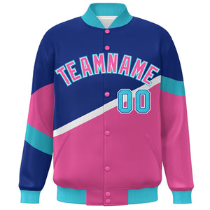 Custom Royal Pink-White Color Block Bomber Varsity Baseball Jacket