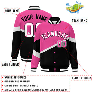 Custom Pink Black White-Pink Color Block Bomber Varsity Baseball Jacket