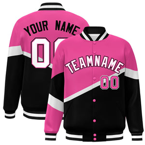 Custom Pink Black White-Pink Color Block Bomber Varsity Baseball Jacket