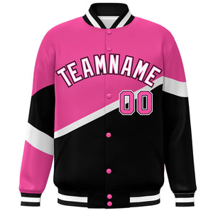 Custom Pink Black White-Pink Color Block Bomber Varsity Baseball Jacket