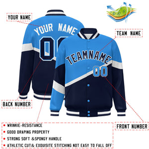 Custom Powder Blue Navy-White Color Block Bomber Varsity Baseball Jacket