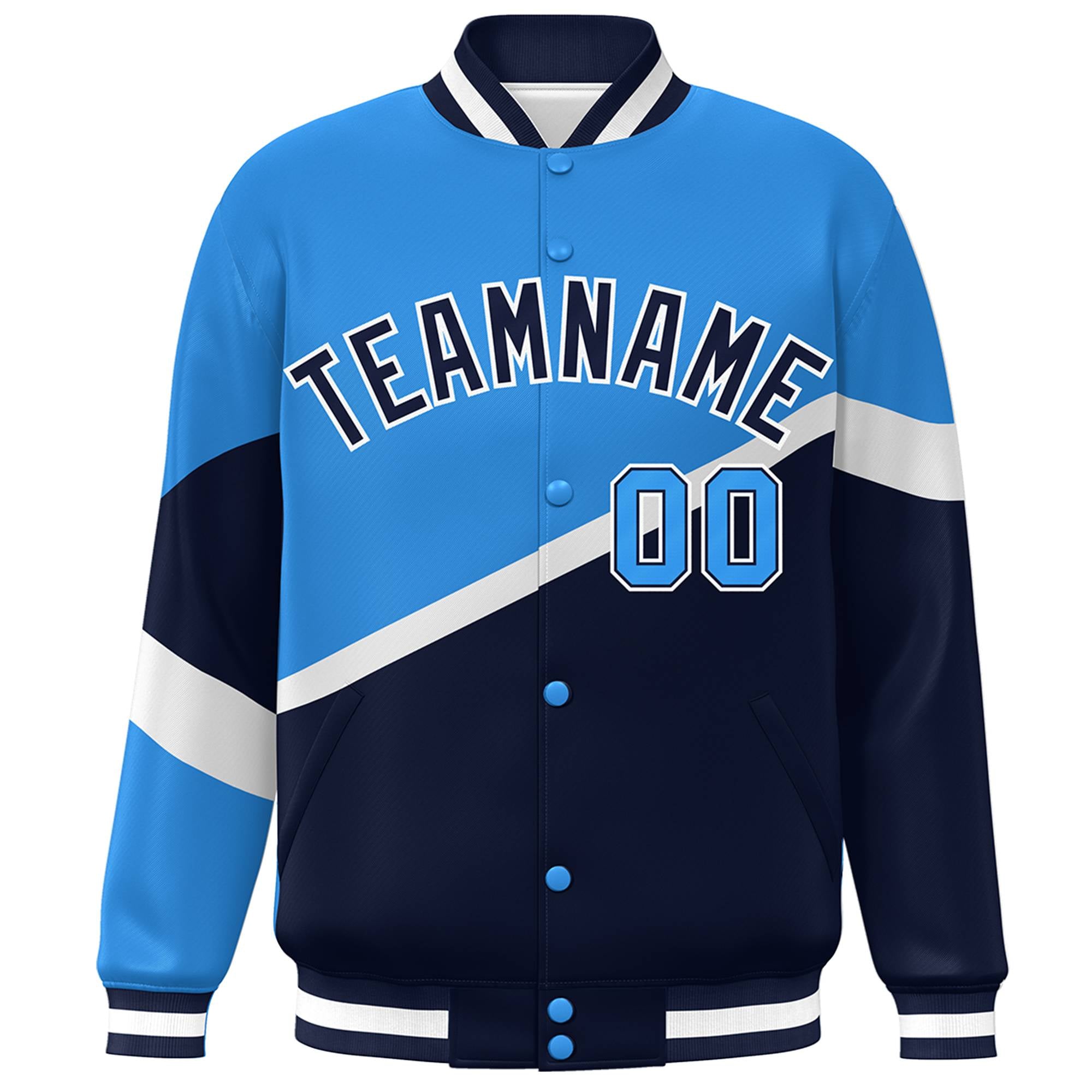 Custom Powder Blue Navy-White Color Block Bomber Varsity Baseball Jacket