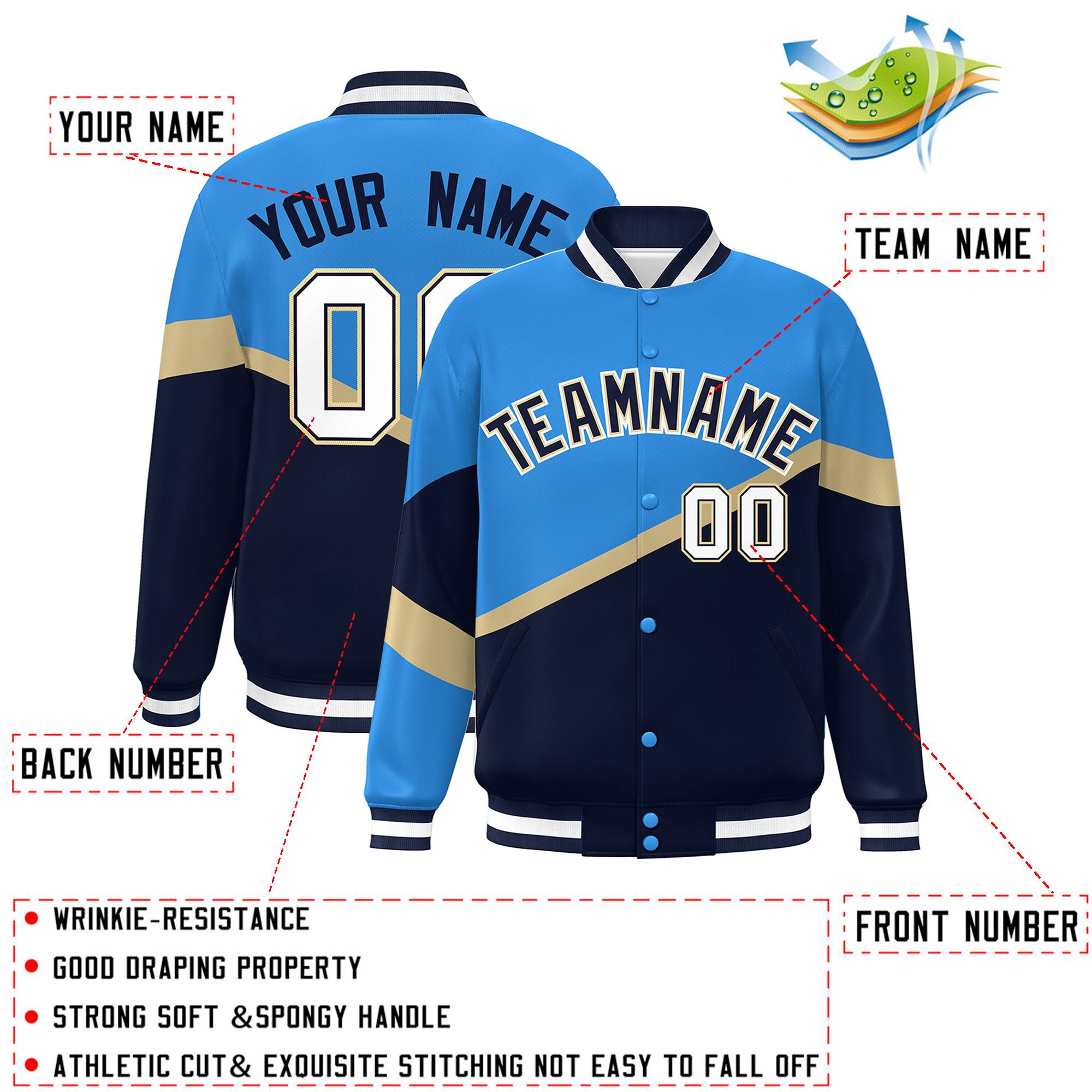 Custom Powder Blue Navy-Khaki Color Block Bomber Varsity Baseball Jacket