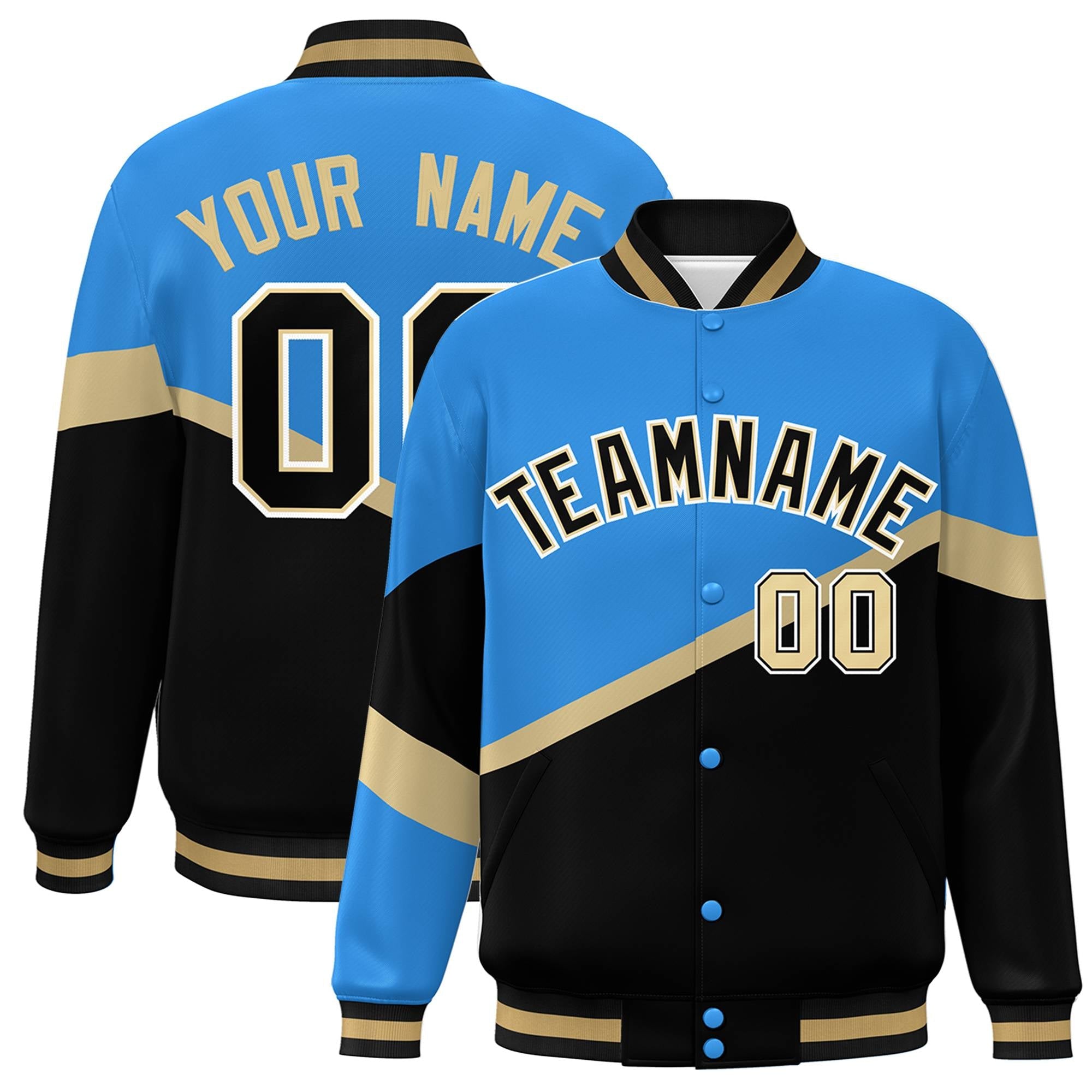 Custom Powder Blue Black-Khaki Color Block Bomber Varsity Baseball Jacket