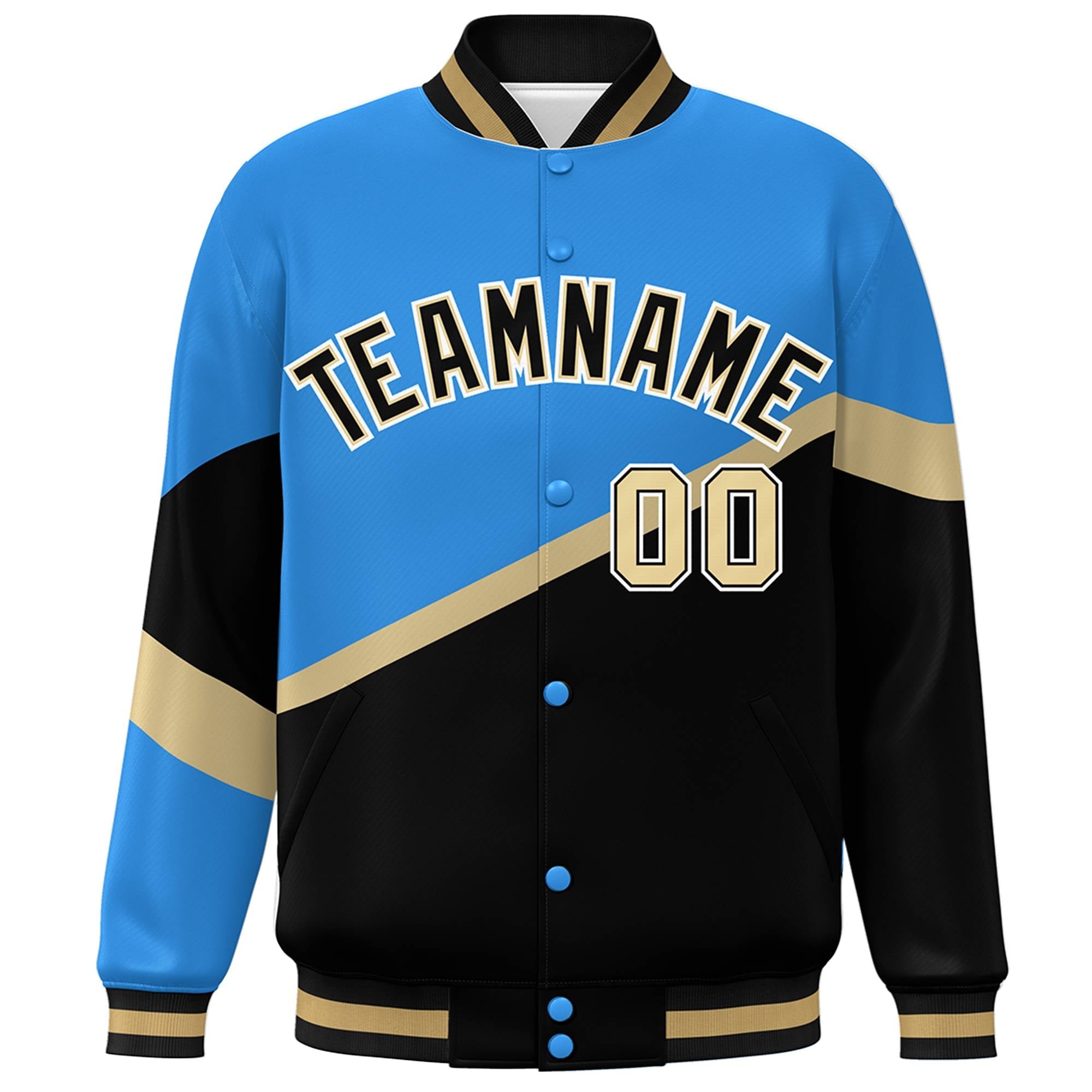 Custom Powder Blue Black-Khaki Color Block Bomber Varsity Baseball Jacket