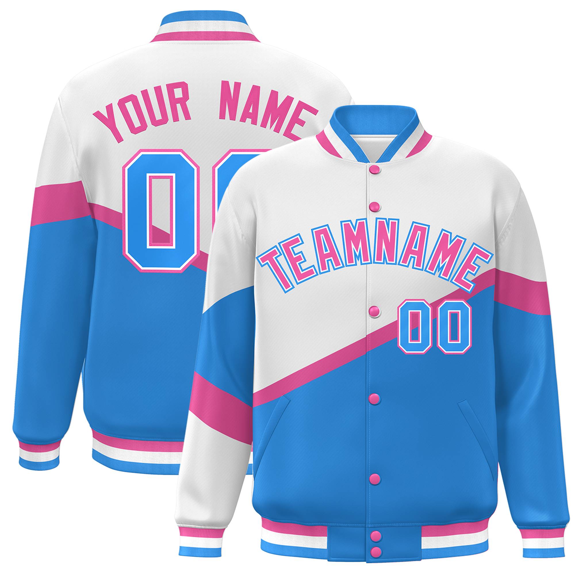 Custom White Powder Blue Pink-White Color Block Bomber Varsity Baseball Jacket