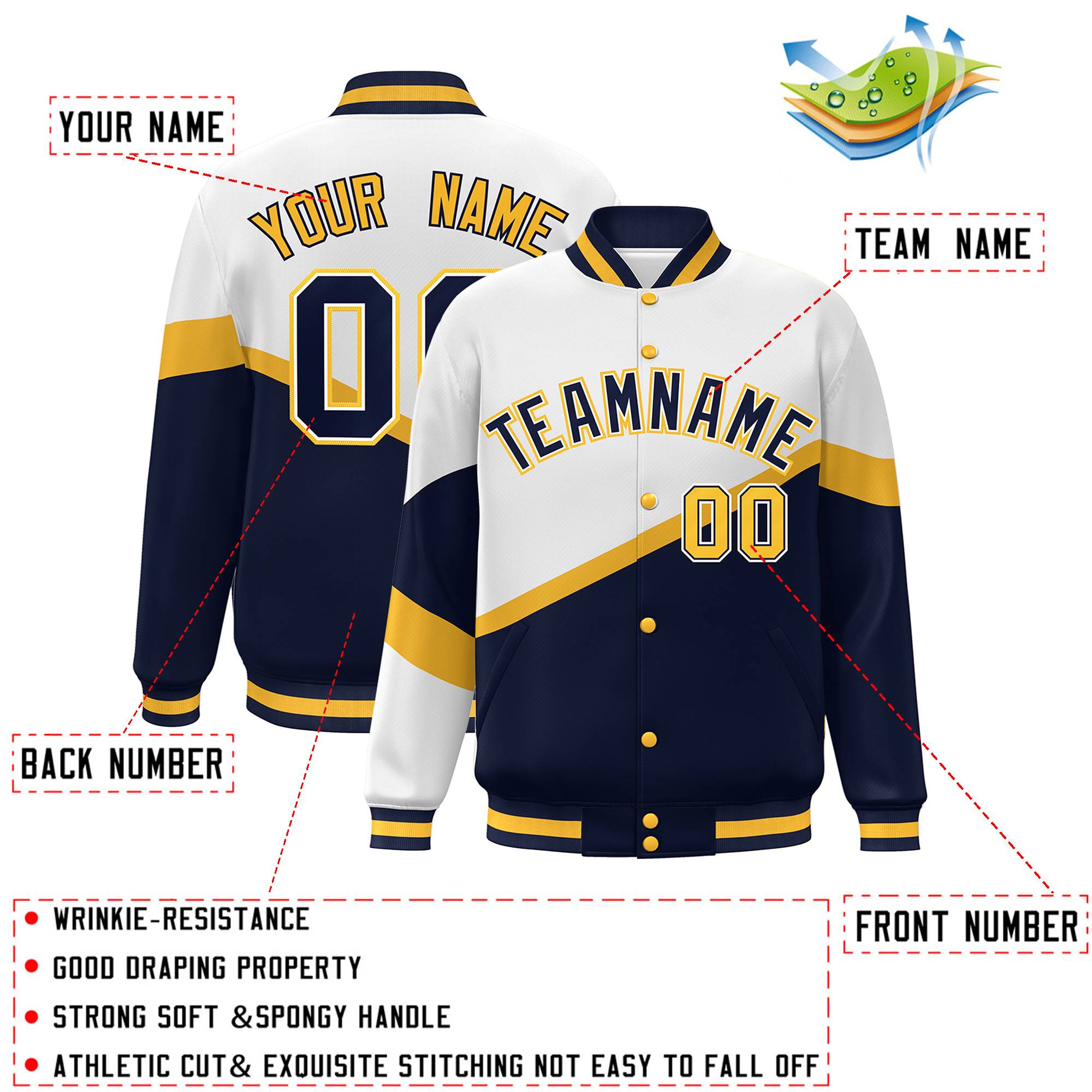 Custom White Navy-White Color Block Bomber Varsity Baseball Jacket