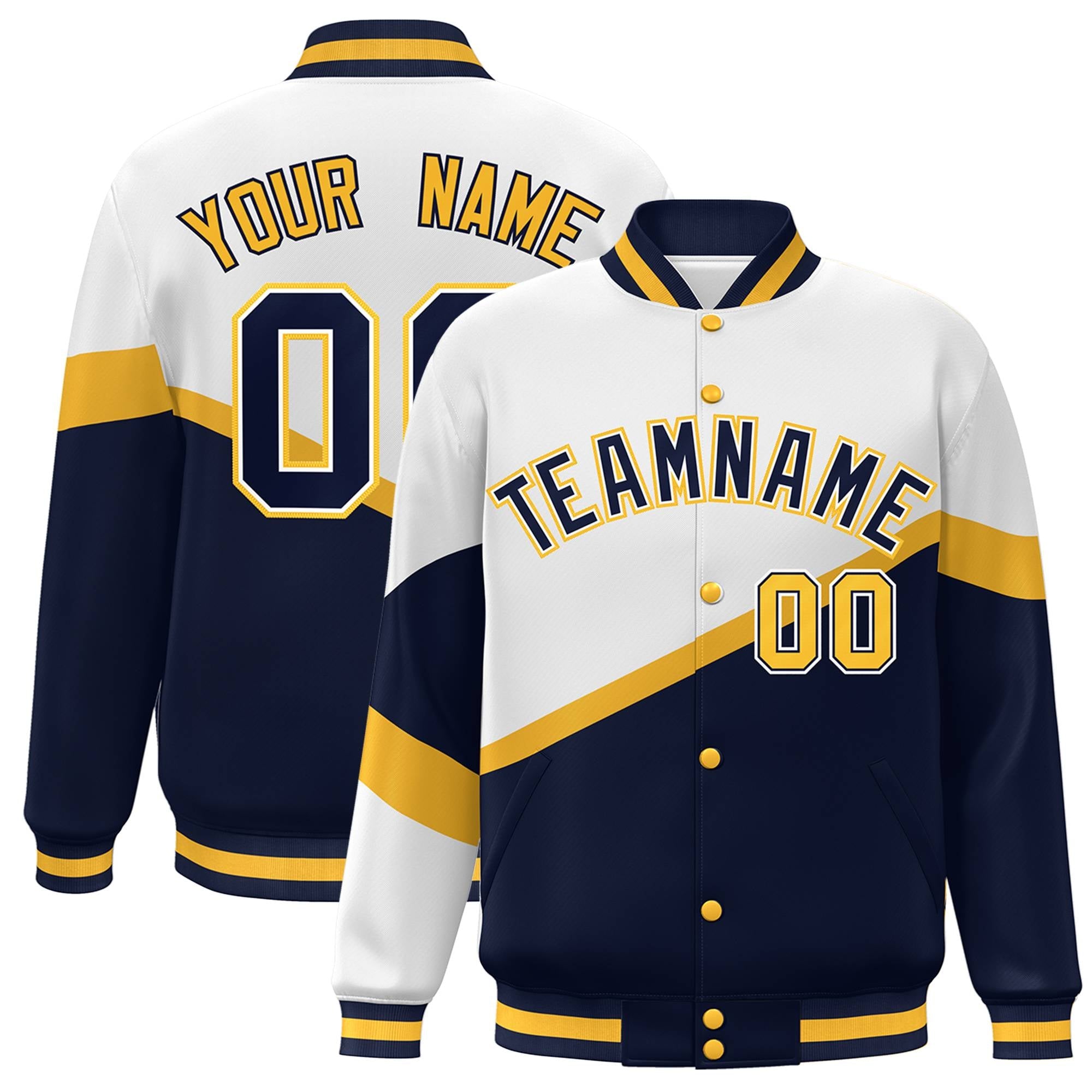 Custom White Navy-White Color Block Bomber Varsity Baseball Jacket