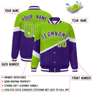 Custom Neon Green Purple-White Color Block Bomber Varsity Baseball Jacket