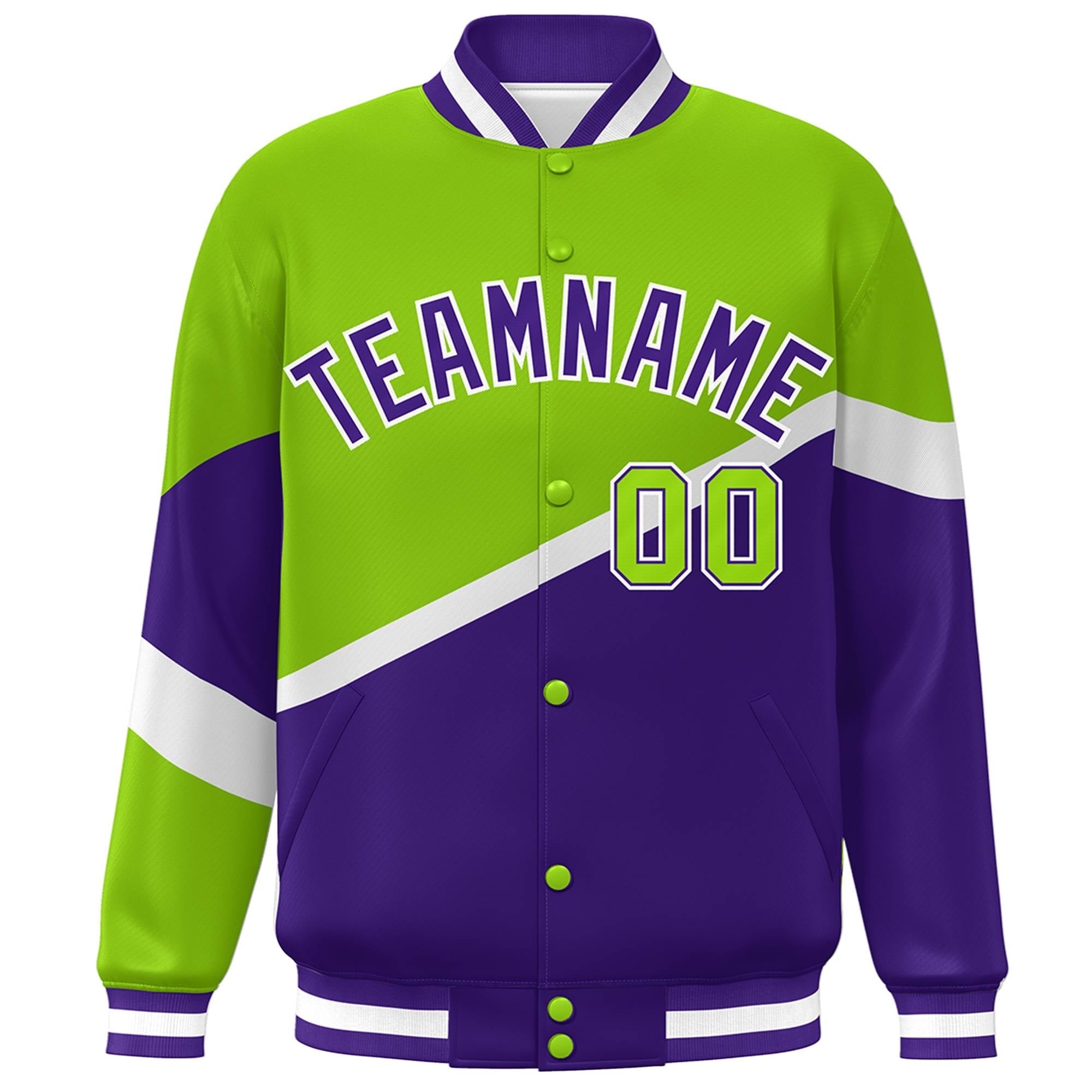 Custom Neon Green Purple-White Color Block Bomber Varsity Baseball Jacket