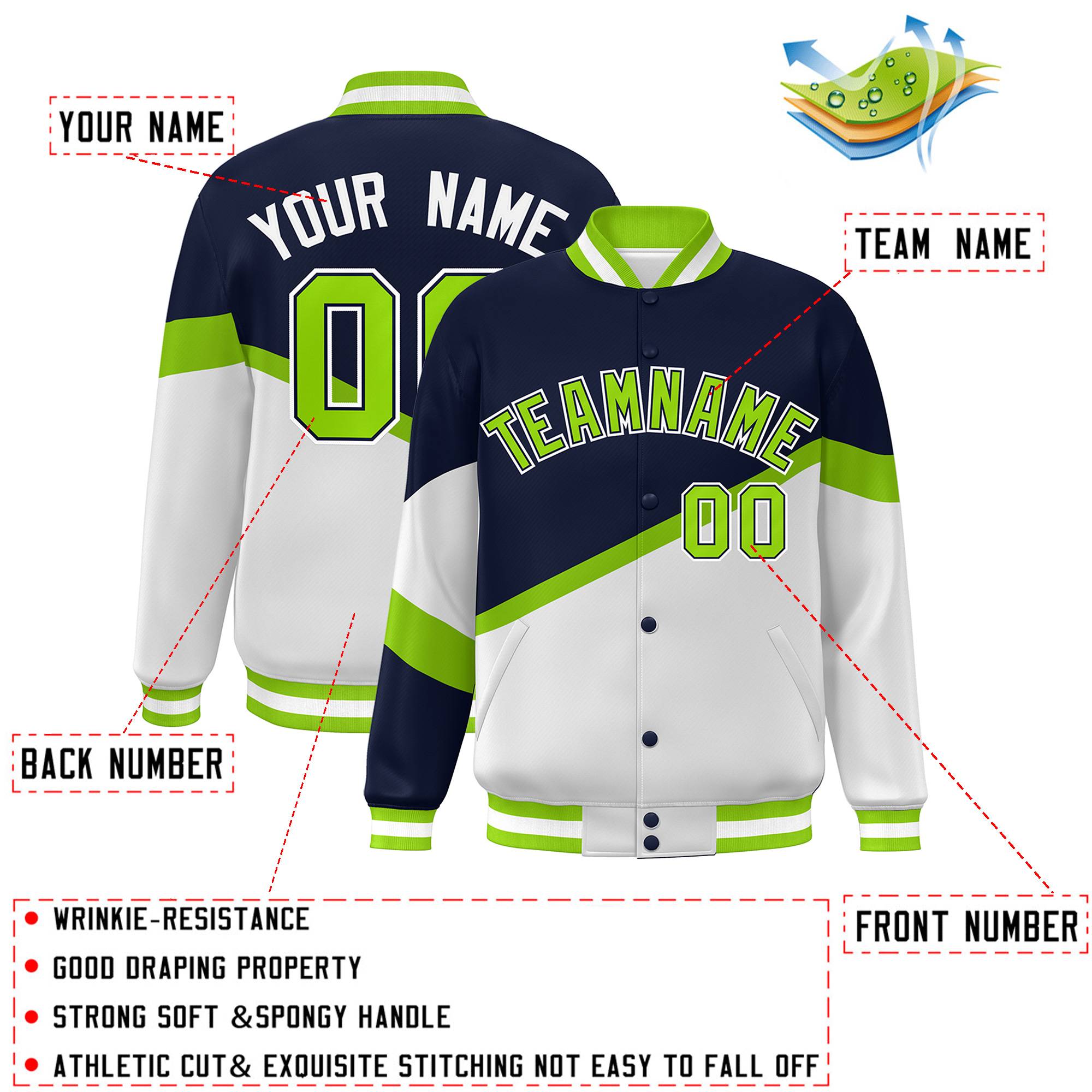 Custom Navy White Neon Green-Navy Color Block Bomber Varsity Baseball Jacket