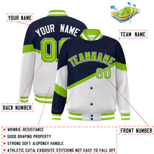 Custom Navy White Neon Green-Navy Color Block Bomber Varsity Baseball Jacket