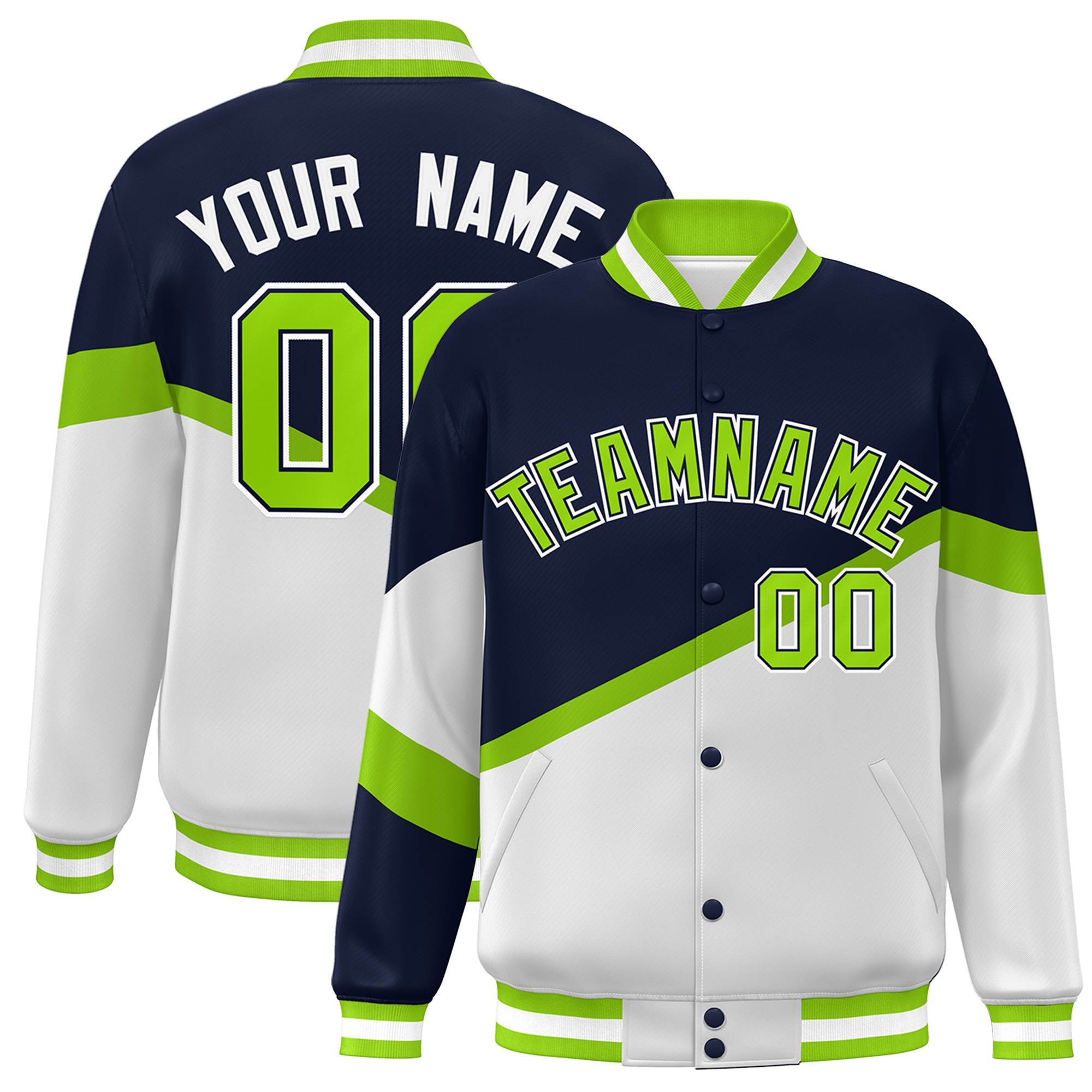 Custom Navy White Neon Green-Navy Color Block Bomber Varsity Baseball Jacket