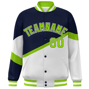 Custom Navy White Neon Green-Navy Color Block Bomber Varsity Baseball Jacket