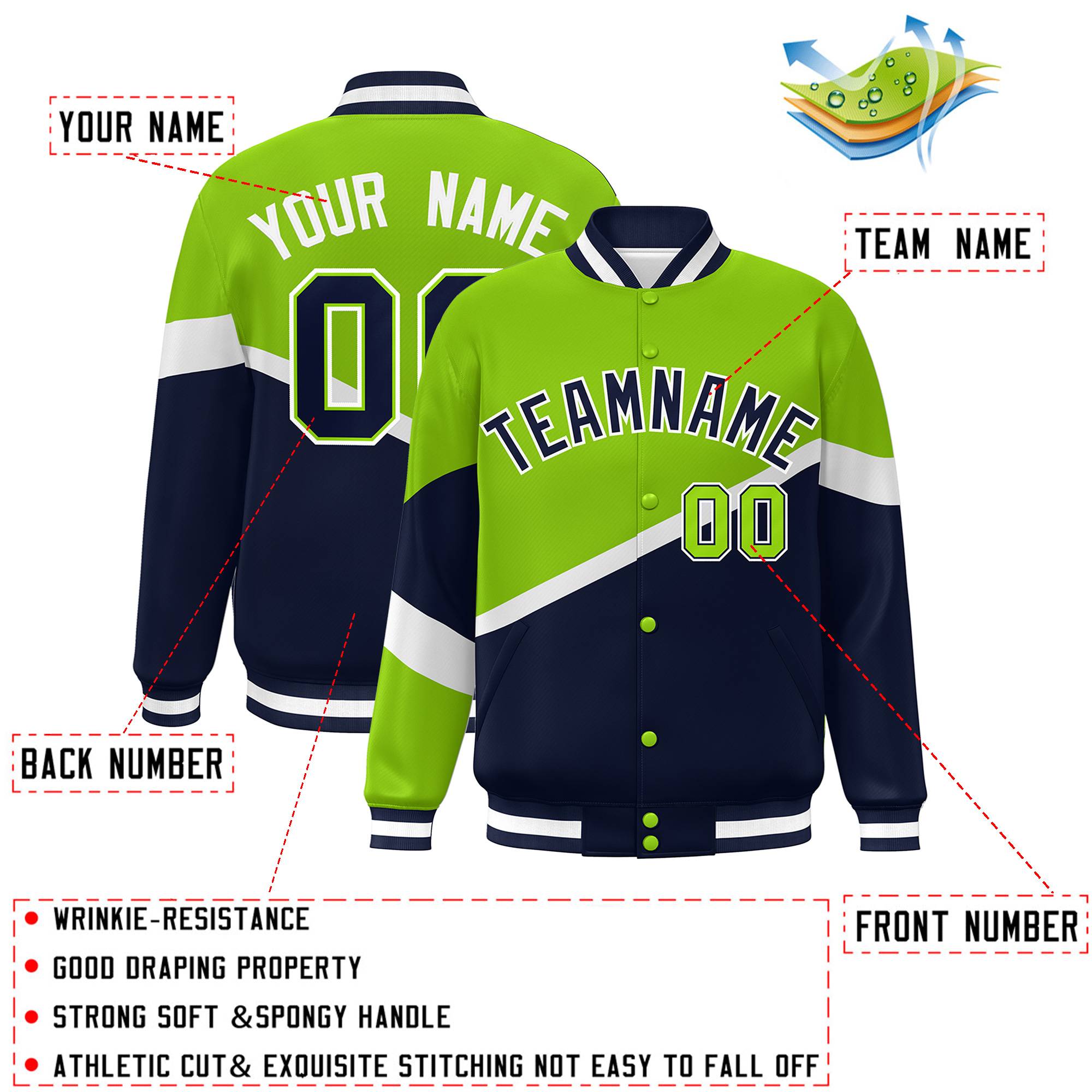 Custom Neon Green Navy-White Color Block Bomber Varsity Baseball Jacket