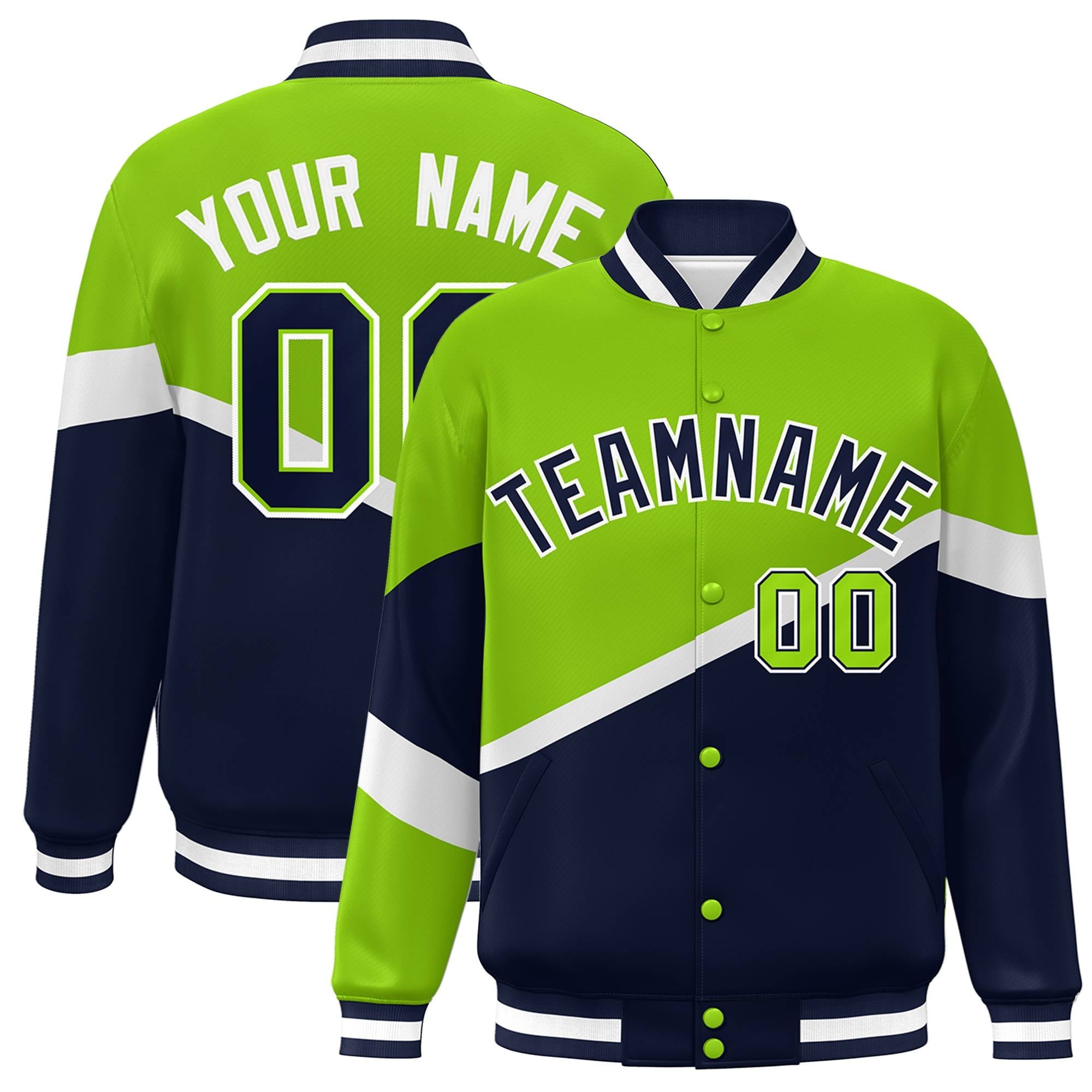 Custom Neon Green Navy-White Color Block Bomber Varsity Baseball Jacket