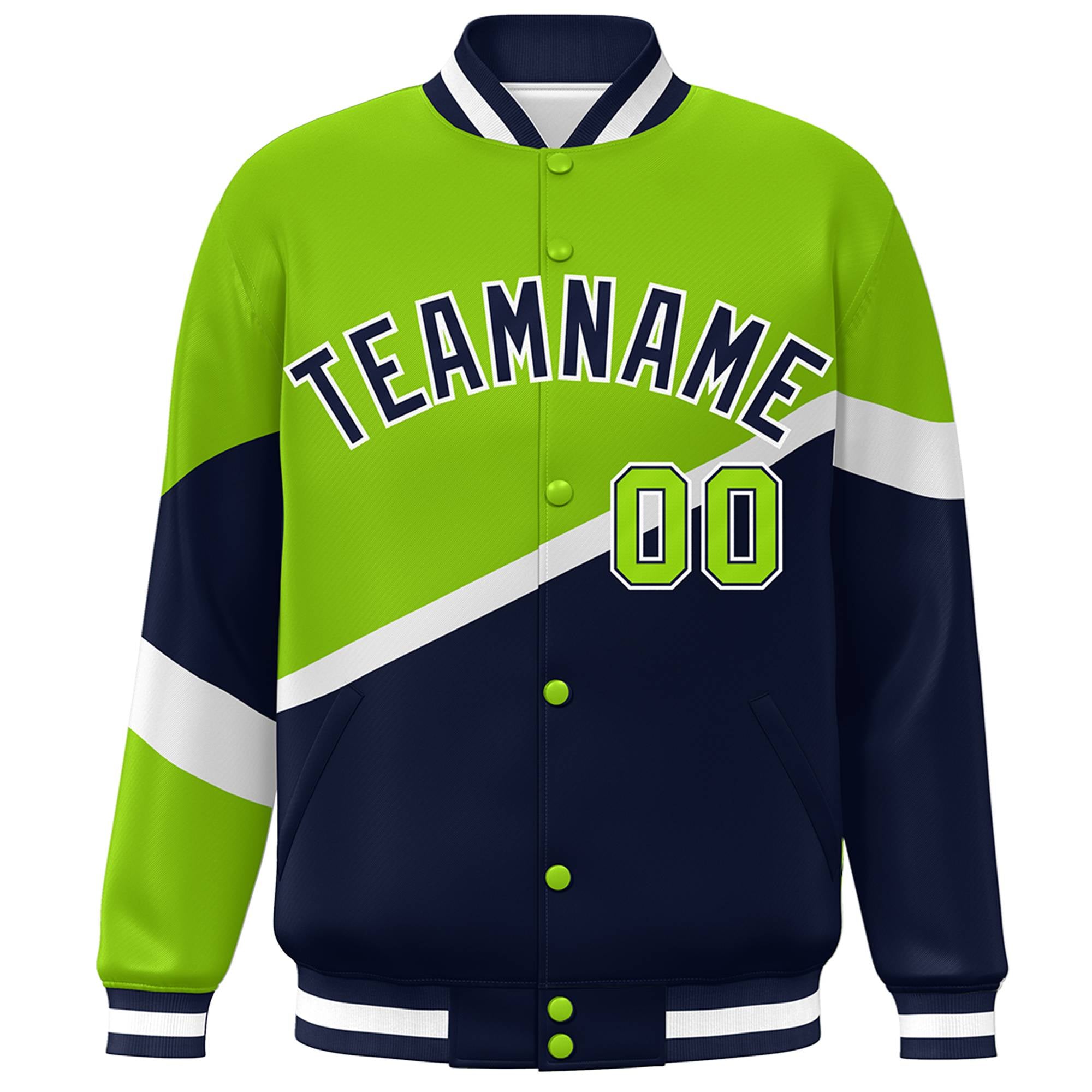 Custom Neon Green Navy-White Color Block Bomber Varsity Baseball Jacket