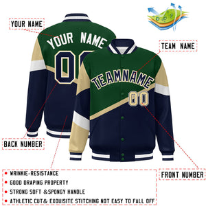 Custom Green Navy-White Color Block Bomber Varsity Baseball Jacket