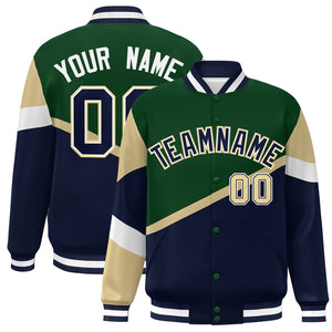 Custom Green Navy-White Color Block Bomber Varsity Baseball Jacket