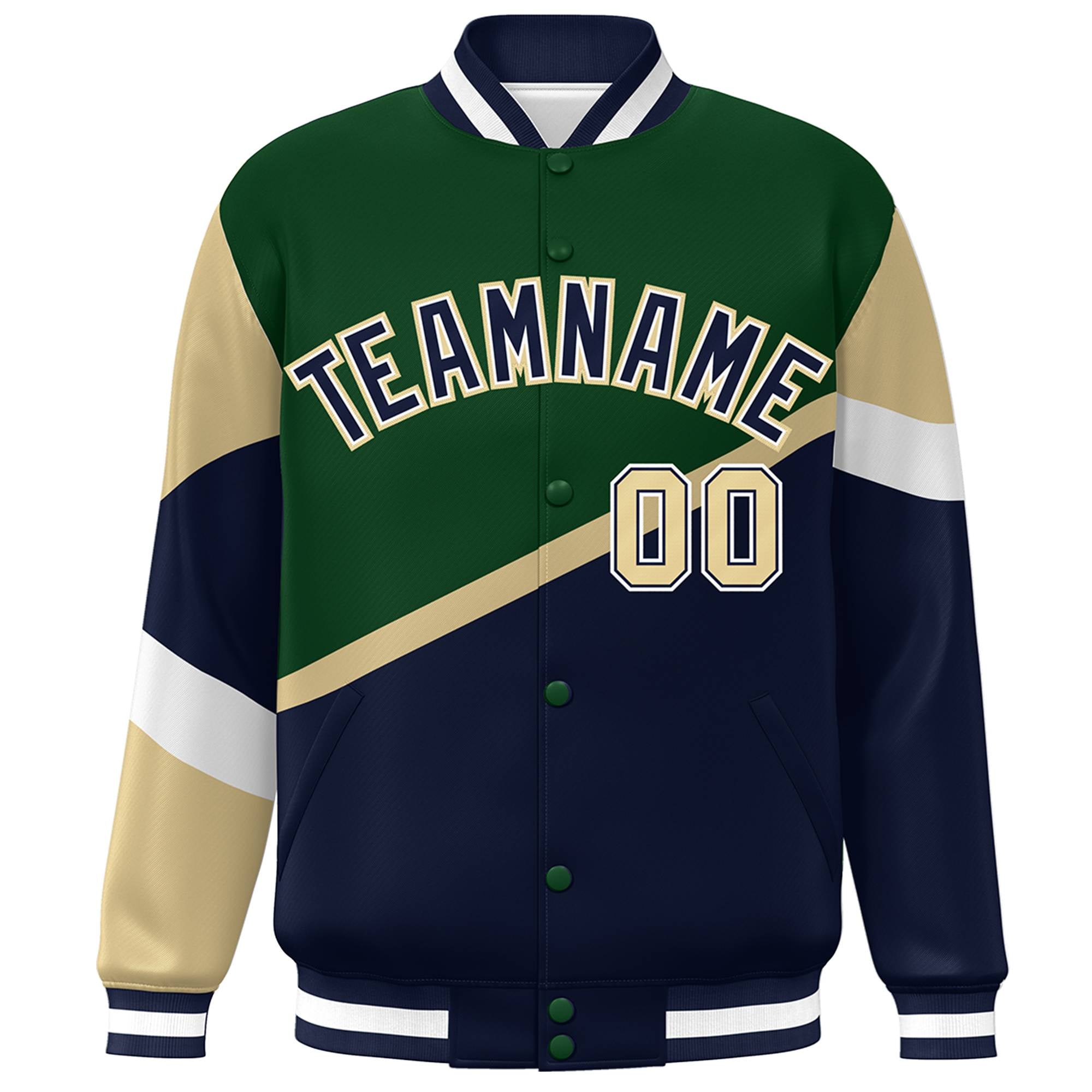 Custom Green Navy-White Color Block Bomber Varsity Baseball Jacket