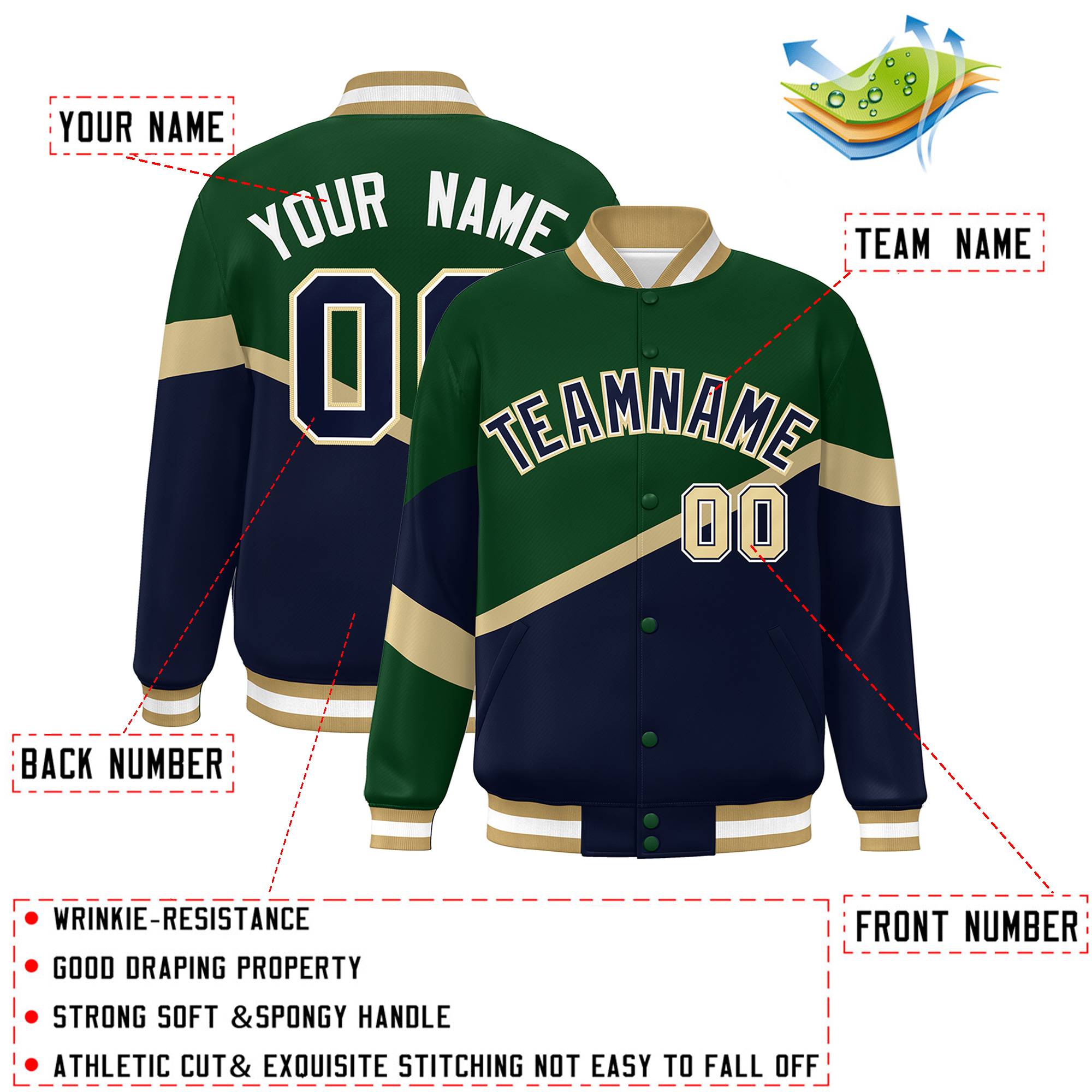 Custom Green Navy-White Color Block Bomber Varsity Baseball Jacket