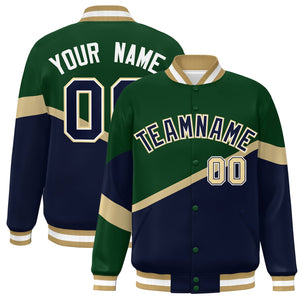 Custom Green Navy-White Color Block Bomber Varsity Baseball Jacket