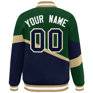 Custom Green Navy-White Color Block Bomber Varsity Baseball Jacket